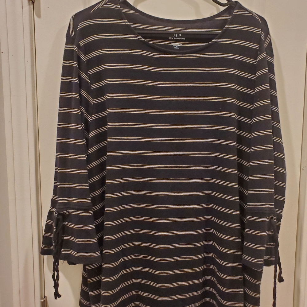 J Jill Blouse Women Size 2X Black Yellow Striped Pima Tie-Sleeve Tee Long Sleeve